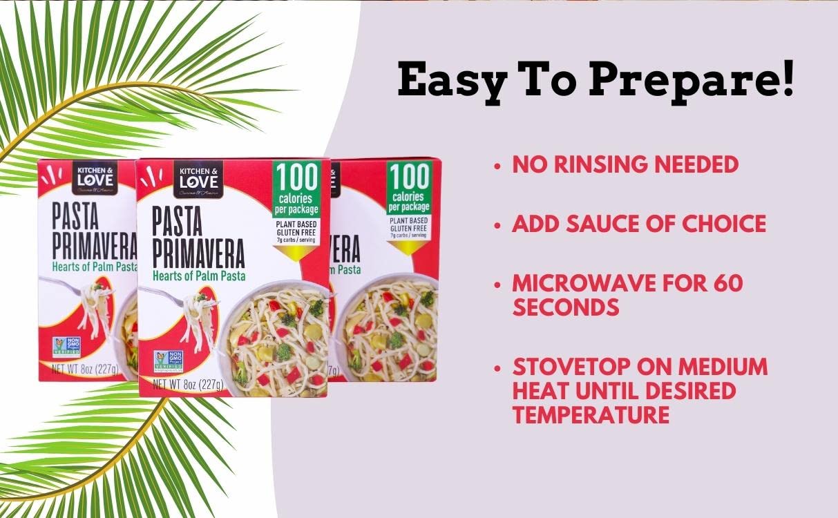 Kitchen & Love Hearts Of Palm Linguine With Vegetables, Low Carb, Low Calories, Plant Based, Non Gmo, Gluten Free Pasta Alternat