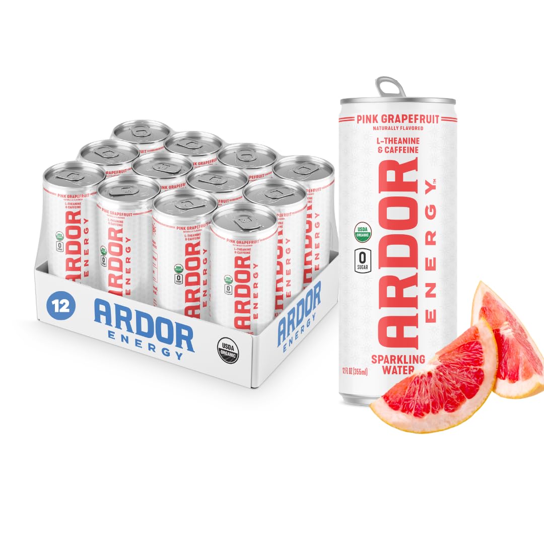ARDOR Sparkling Water Pink Grapefruit, 100mg Organic Caffeine, 200mg L-Theanine, 12 Fl Oz, Pack of 12, Vegan, Gluten Free