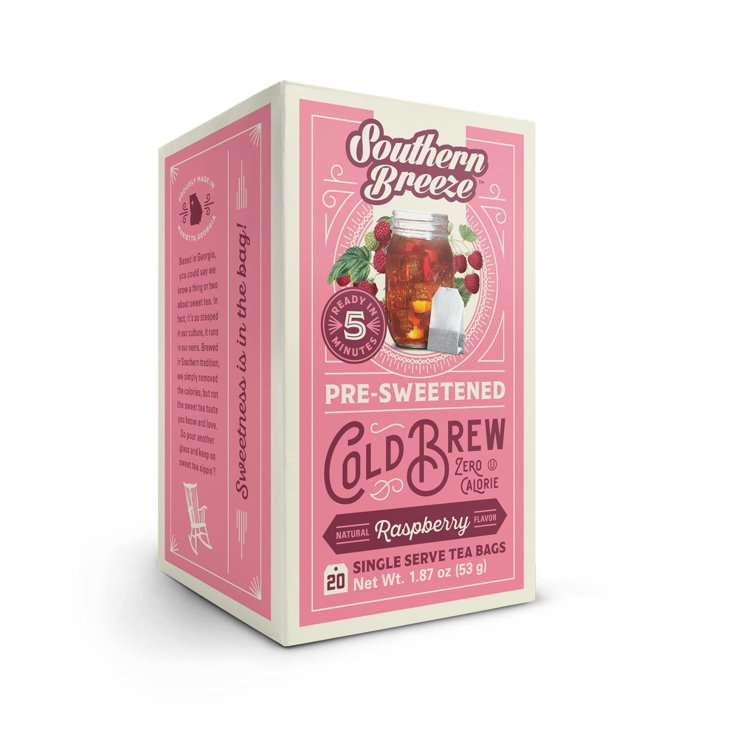 Southern Breeze Sweet Tea Cold Brew, Raspberry Flavor, Zero Carbs, 20 Individually Wrapped Tea Bags
