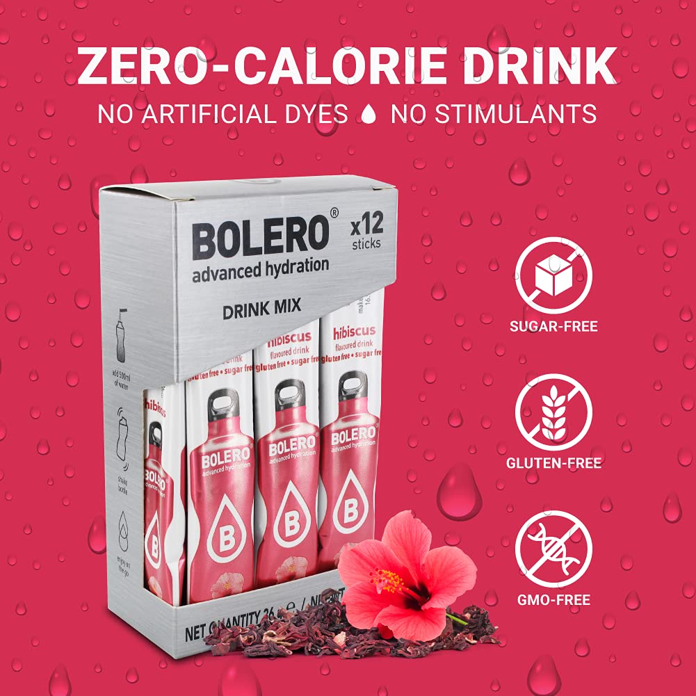 BOLERO Sugar Free Drink Mix Packets, Hibiscus Fruit Flavor, 36 Singles Sticks, 0.01 Ounce (Pack of 12)