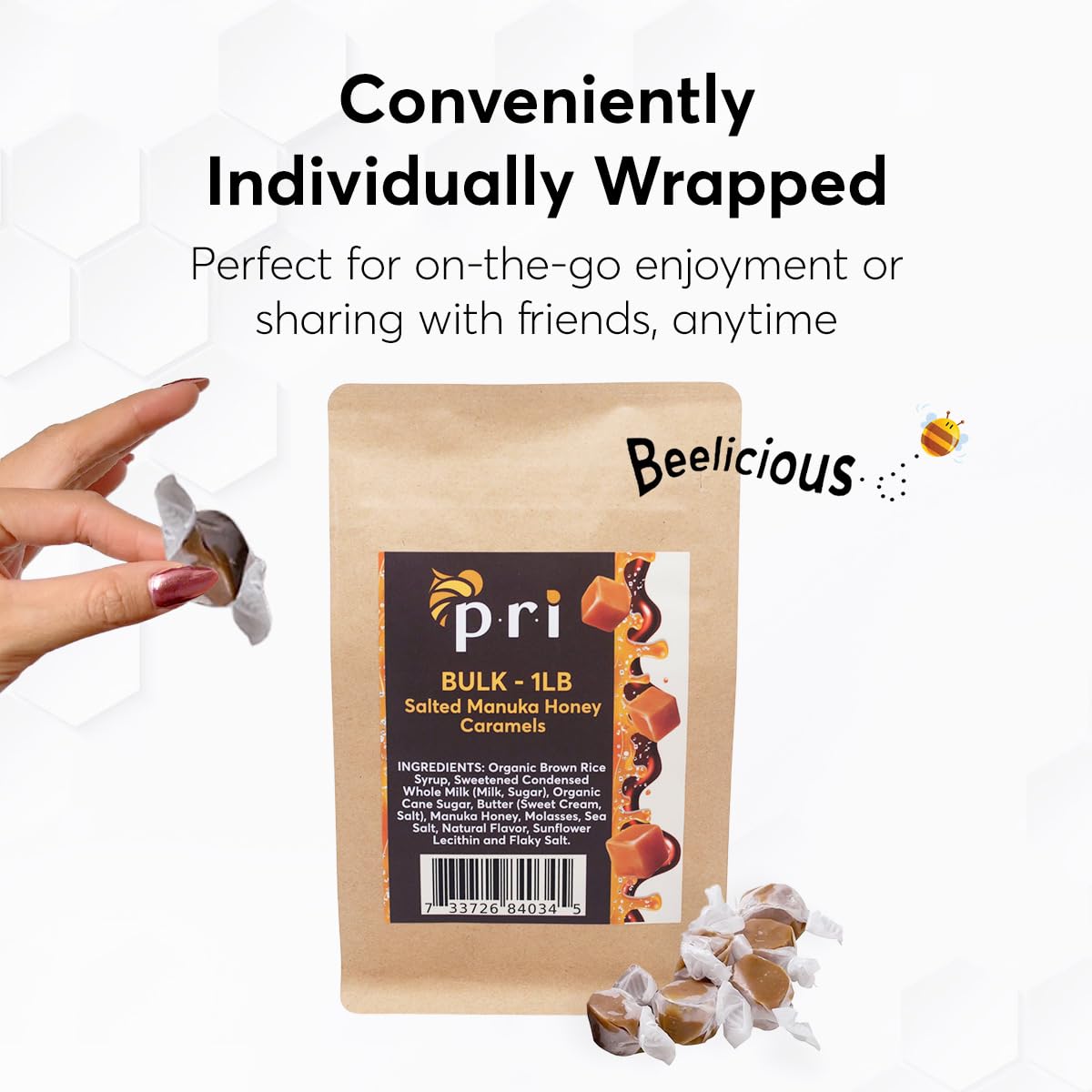 P.R.I Manuka Honey Salted Caramels, Sweet And Chewy All Natural Treats, 1Lb