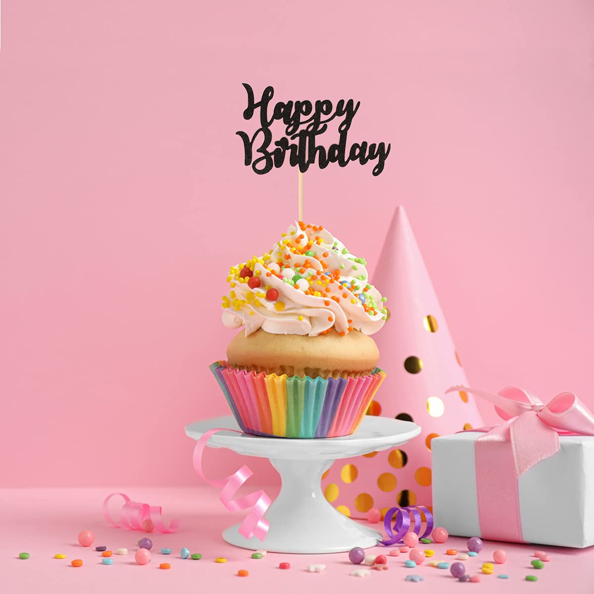 Donoter 24 Pcs Happy Birthday Cupcake Toppers Cake Picks For Birthday Party Decoration Supplies (Black)
