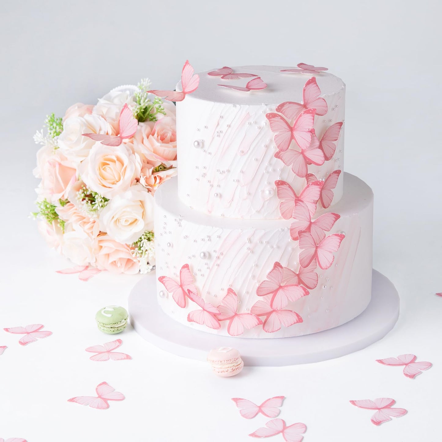 50Pcs Edible Pink Butterfly Cupcake Toppers Edible Wafer Paper butterfly Decorations for Women Girls' Happy Birthday Cake Topper