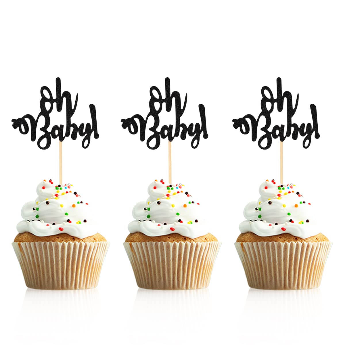 Donoter 48 Pcs Black Glitter Oh Baby Cupcake Topper Picks for Baby Shower Gender Reveal Party Cake Decorations