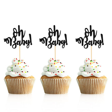 Donoter 48 Pcs Black Glitter Oh Baby Cupcake Topper Picks for Baby Shower Gender Reveal Party Cake Decorations