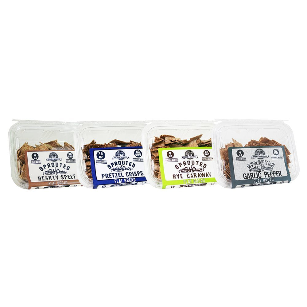 Columbia County Bread & Granola Sprouted Crisps Variety 4-Pack - Pretzel, Garlic Pepper, Rye Caraway, Hearty Spelt, 21.34 x 25.4 x