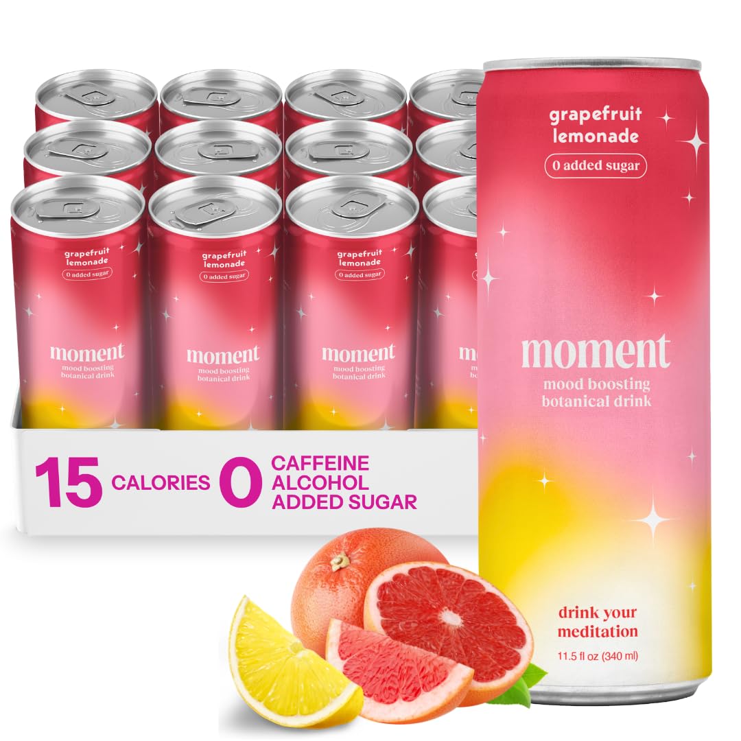 Moment Botanical Soda Soft Drink (Shark Tank) - SPARKLING Non fermented-style flavoric Drinks | Gfruit Lemonade | L-Theanine & Ashwagandha for Calm & Clarity | 0 Added Sugar 0 Caffeine | 12-pack