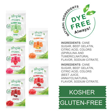 Simple Mixes Natural Gummy Mix, Strawberry, Lime, Cherry, Orange & Raspberry, Dye-Free, No Gluten or Fat, Kosher, (Variety, 5 Pa