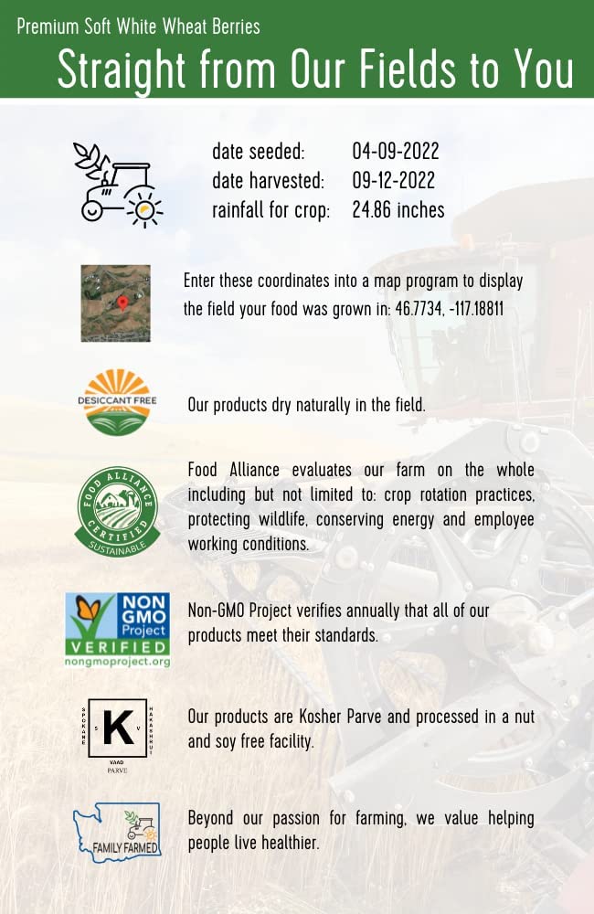 Soft White Wheat Berries | 5 Lbs | Family Farmed In Washington State | 100% Desiccant Free | Non-Gmo Project Verified | 100% Non