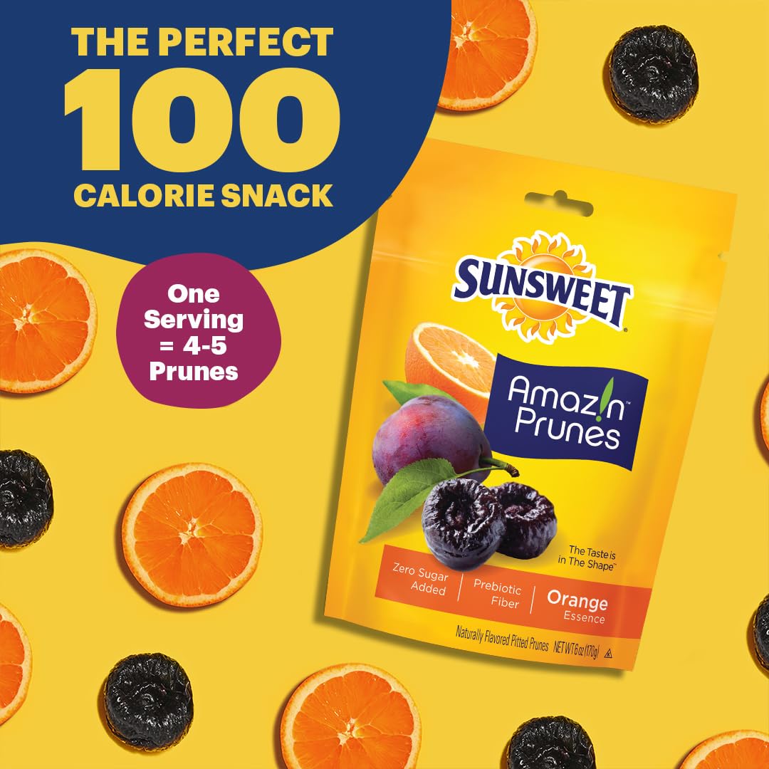 Sunsweet Amazin Prunes Orange Essence - Prunes Pitted Unsweetened & Dried - Gluten Free, Vegan, Low Fat - Fiber & Minerals - 6