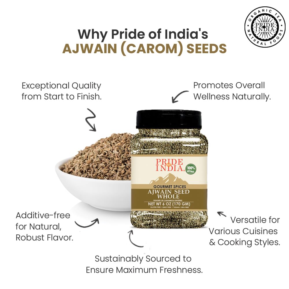 Pride Of India - Pack Of 6 - Ajwain Seed Whole 7 Oz (200 Gm) Medium Dual Sifter Jar | Gourmet Carom Seeds | Flavoring Agent For