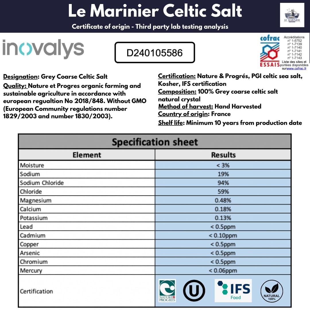Le Marinier Celtic Salt Organic Grey Coarse, 5lb Mineral Rich 100% Natural and Unrefined French Sea Salt Organic. Hand Harvested