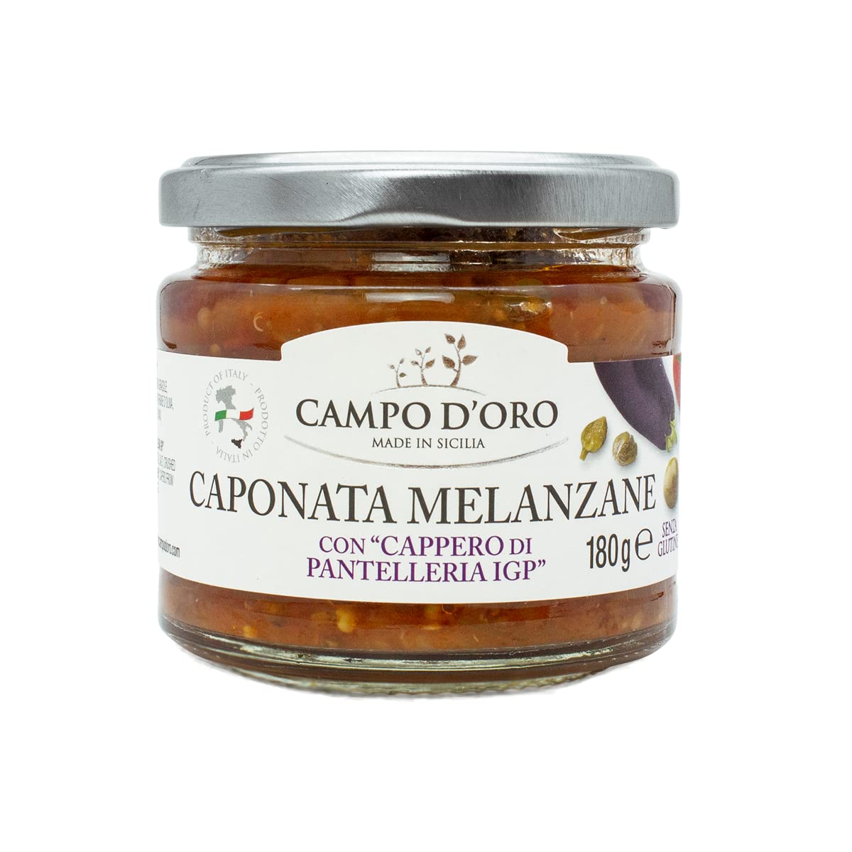Sicilian Eggplant Caponata, Glass, Jar 6.3 Oz. Sicilian Recipe For Antipasto, Appetizer, Side Dish Or Pasta With Eggplant, Tomat