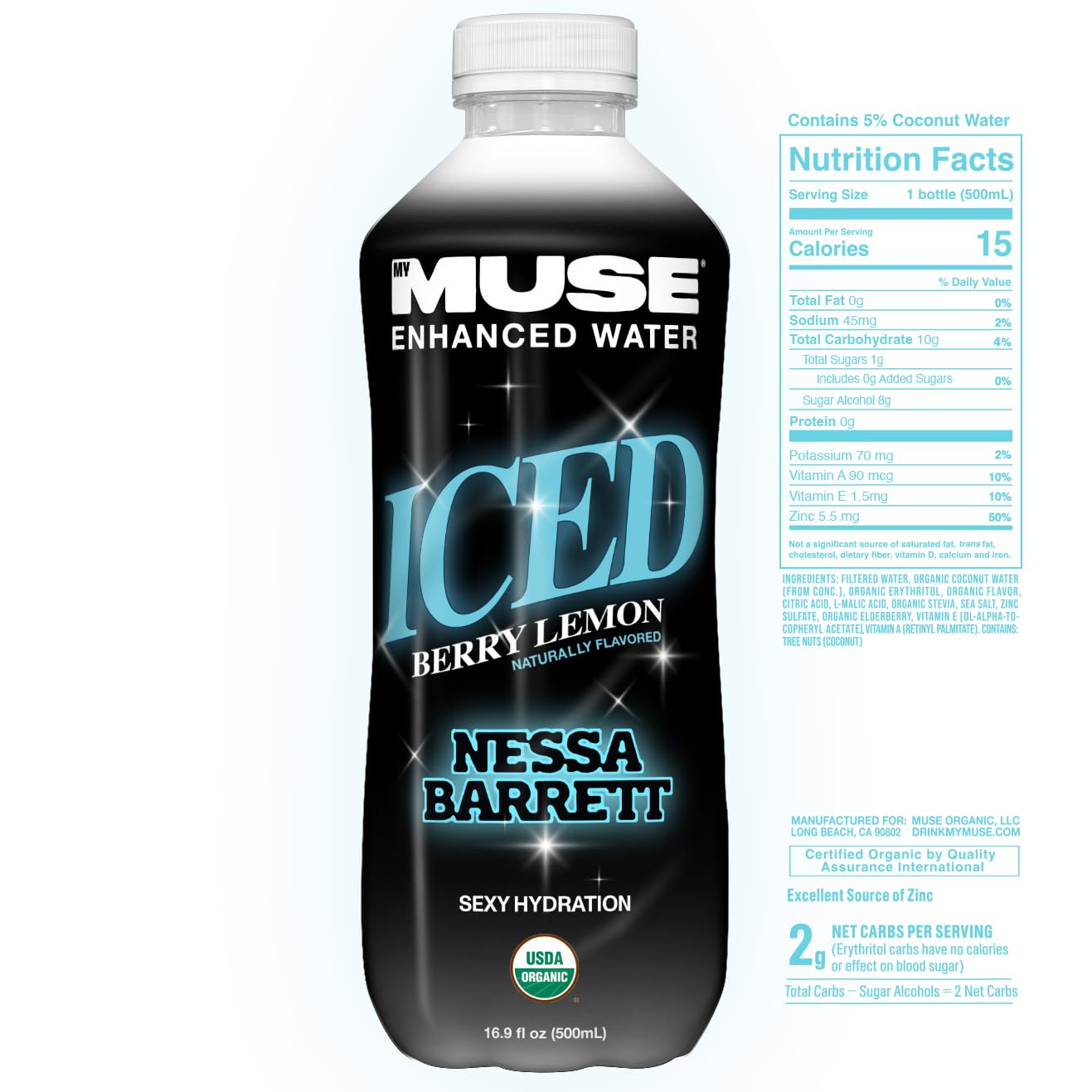 MyMuse Organic Enhanced Flavored Water, Ice Berry Lemon, 16.9 Fl Oz Bottle (12 pack), 1G of Sugar, Immune Support with Zinc & El