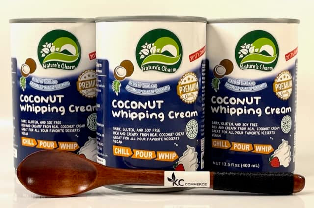 KC Commerce Nature's Charm Coconut Whipping Cream 15oz With Free Wooden Spoon (15oz pack of 3)