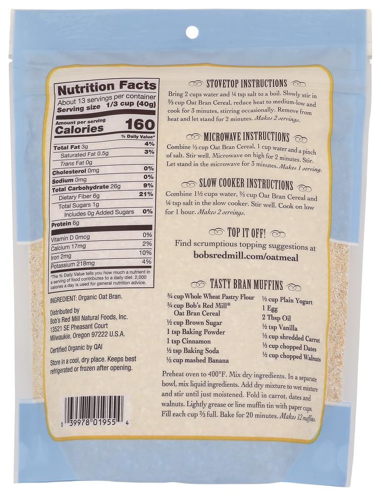 Bob's Red Mill Cereal Oat Bran Organic 18.0 OZ (Pack of 6)