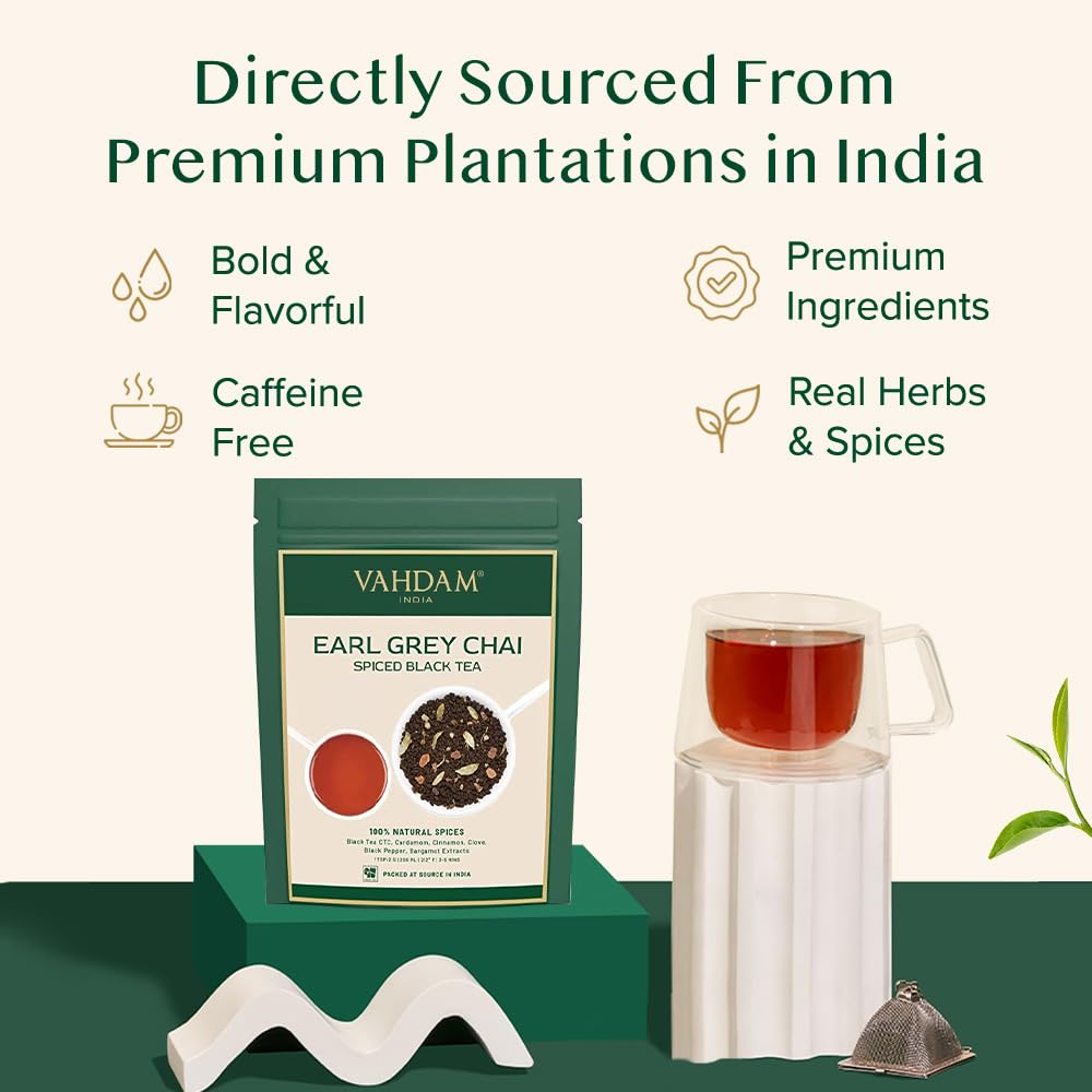VAHDAM Earl Grey Masala Chai Tea - High Caffeine, Non GMO, Gluten Free, 3.53 oz, Vacuum Sealed Pack (50 Cups)