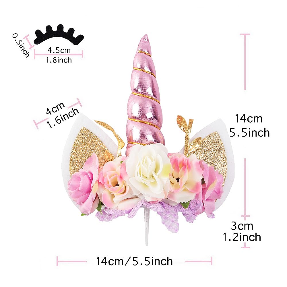 Nishine Rose Floral Unicorn Cake Topper - Birthday Party Decoration, 14cm x 14cm x 3cm, Pink & Ivory