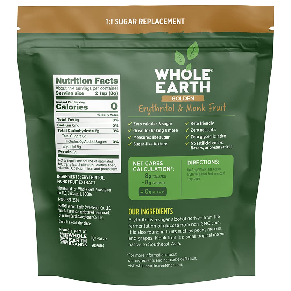 Whole Earth Plant-Based Sugar Alternative, Golden Sweetener Erythritol & Monk Fruit, Zero Calories, 32oz (2lb)