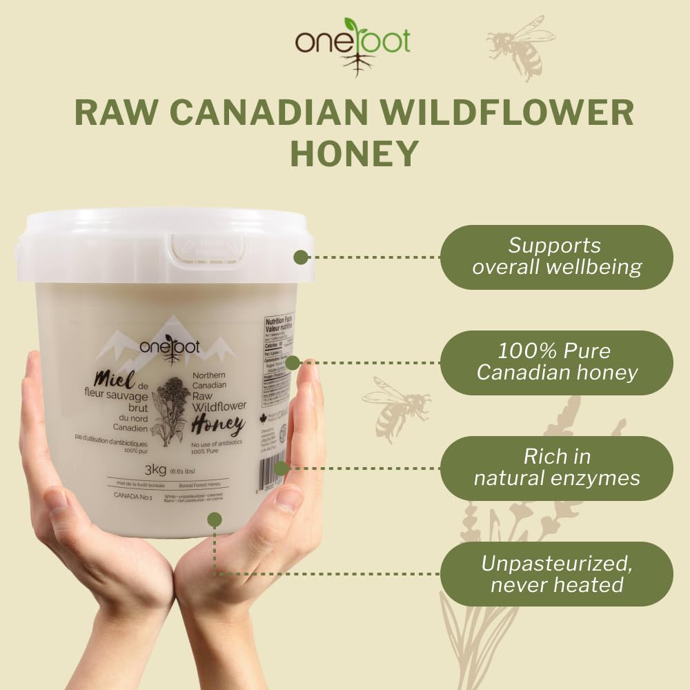 OneRoot 100% Canadian Flower Honey, Unfiltered & Creamed, 3kg/6.6lb