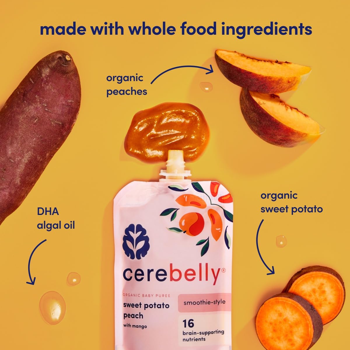Cerebelly Sweet Potato Peach Smoothie (Pack Of 6) - Healthy Kids Snacks - Baby Food Pouch With 16 Vital Nutrients And Brain Supp