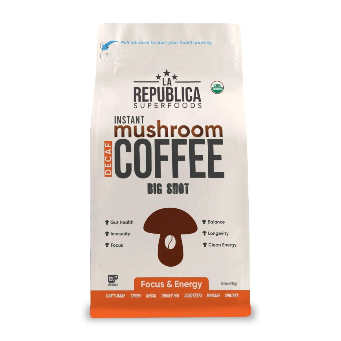 La Republica Big Shot Decaf Instant Mushroom Coffee Organic (120 Servings) With Lions Mane, Reishi, Chaga, Cordyceps, Maitake, Turkey Tail