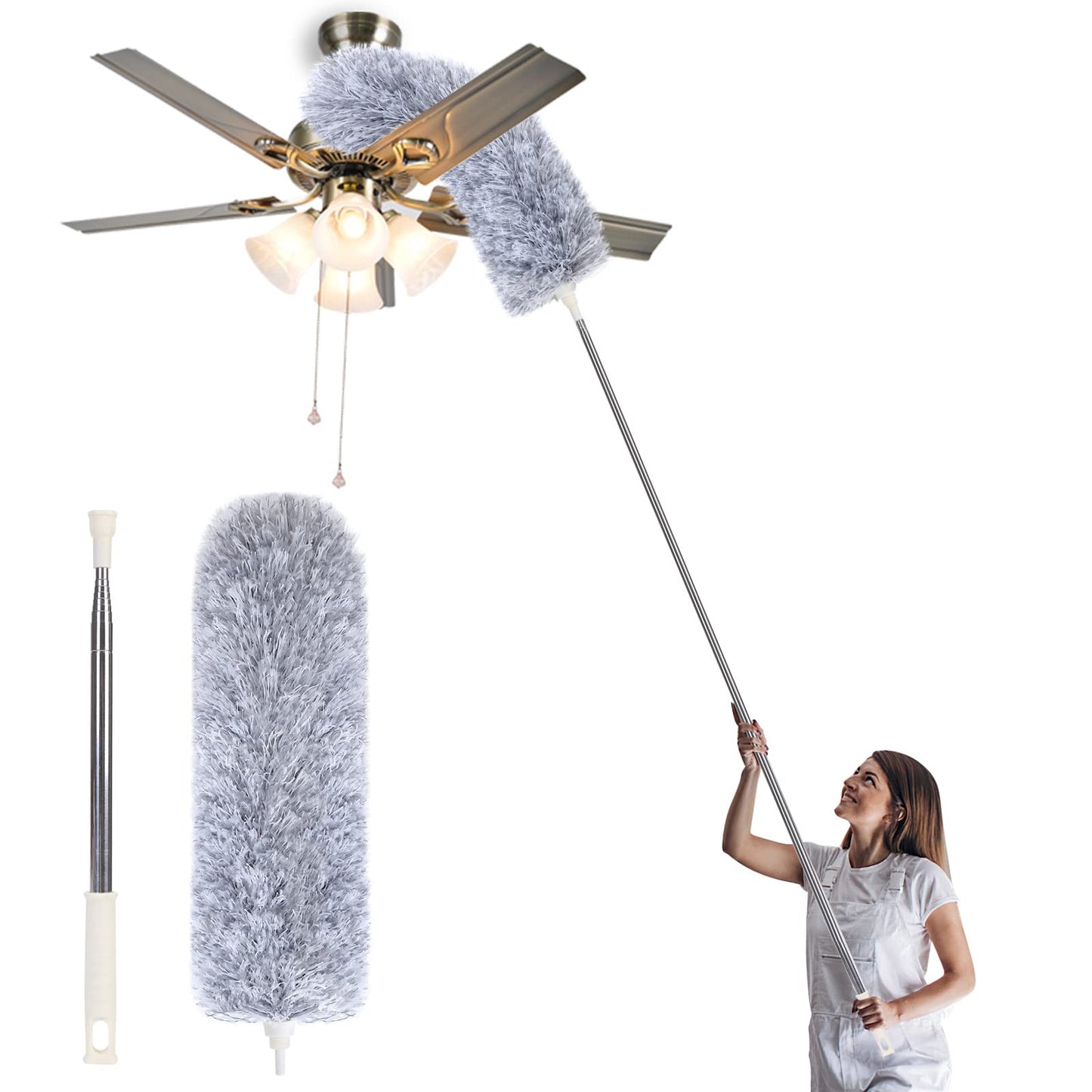 Microfiber Duster With Extension Pole,Washable Bendable Head Ceiling Fan Duster,15-100 Inch Wet Or Dry Dust Collect Telescoping 