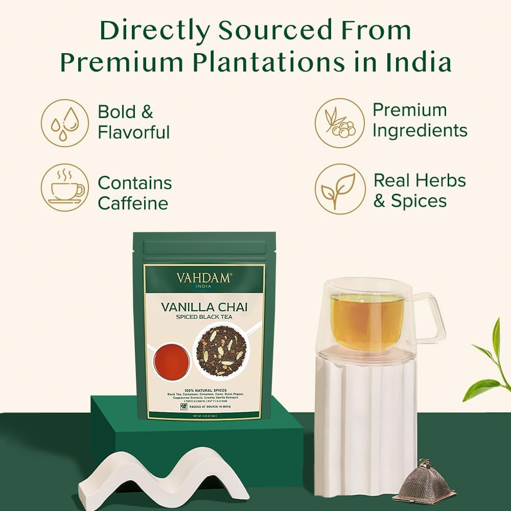 Vahdam, Vanilla Spiced Masala Chai Tea | 3.53Oz (+50 Cups) Gluten Free, Vegan | Delicious Blend Of Vanilla & Masala Chai Tea | S