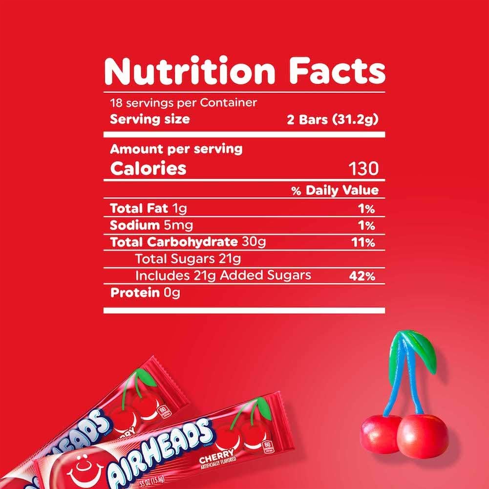 Airheads Full-Size Candy Bars, Taffy Candy Bulk Pack, Individually Wrapped, Cherry Fruit Flavor Artificially Flavored, 36 Count