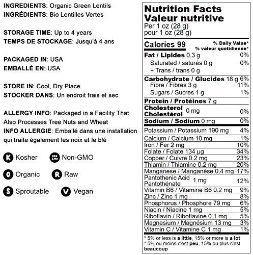Food To Live Organic Whole Green Lentils, 15 Pounds - Non-Gmo, Dried Raw Beans, Sproutable, Vegan, Kosher, High In Folate, Dieta
