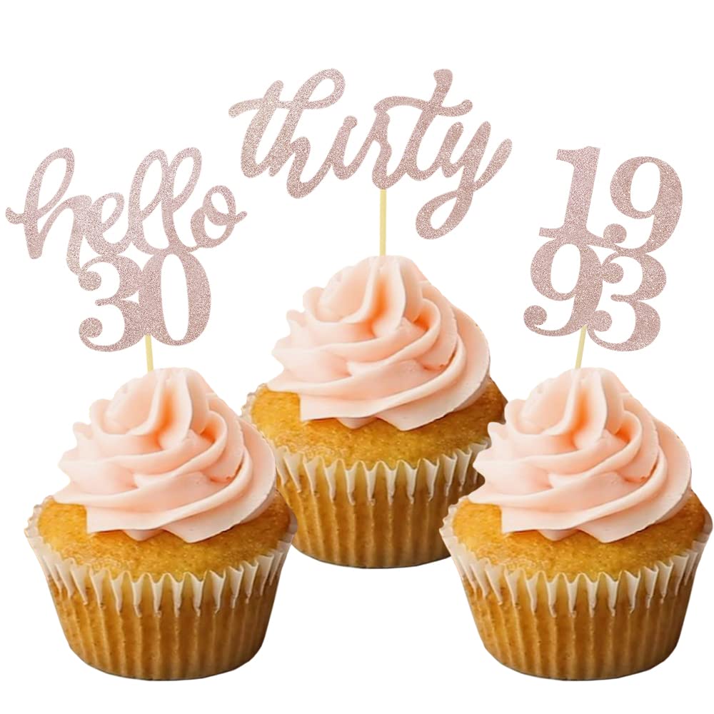 24 Pcs Rose Gold Glitter 30Th Birthday Cupcake Toppers For 30Th Anniversary Birthday Party Wedding Party Decorations