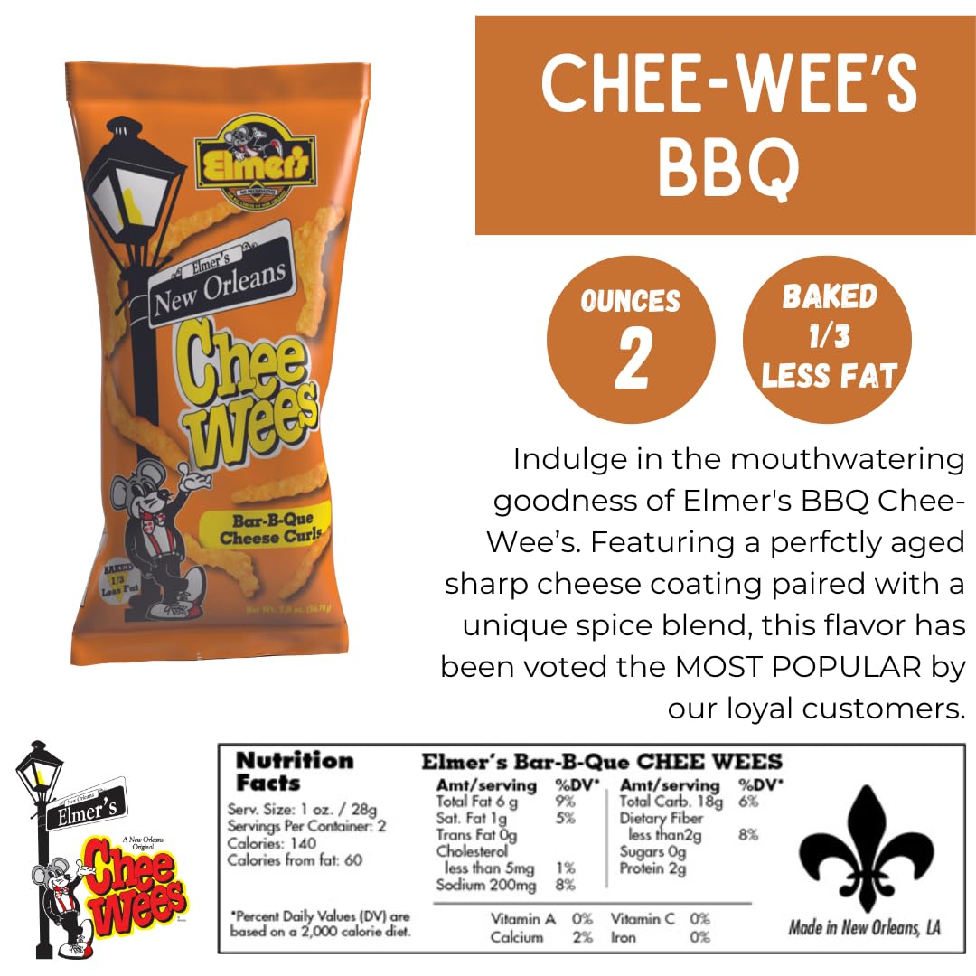 Elmer'S New Orleans Chee-Wee'S, Authentic Nola Bbq Flavor, Irresistible Crunchy Snack Delight 2 Oz Bags, Pack Of 6