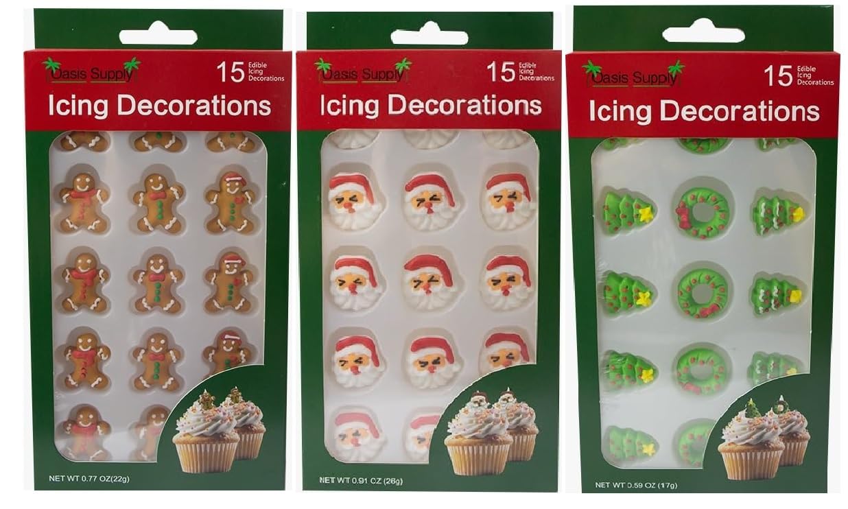 Oasis Supply Christmas Edible Cake Decorations, 45 Pieces, Royal Icing, Gingerbread Man, Santa Face, Trees, Wreaths, Red Green White