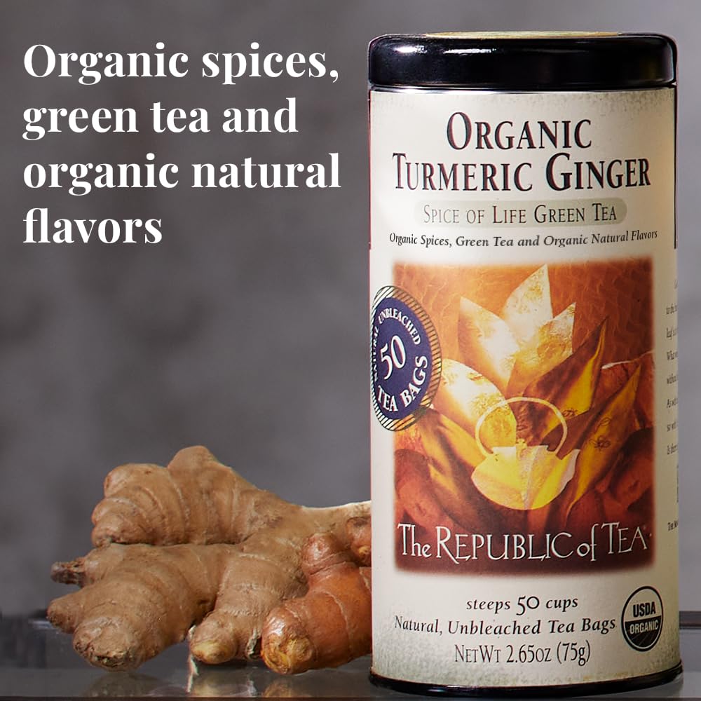 The Republic of Tea Organic Turmeric Ginger Green Tea, 50 Tea Bags, Naturally Caffeinated, Pack of 1