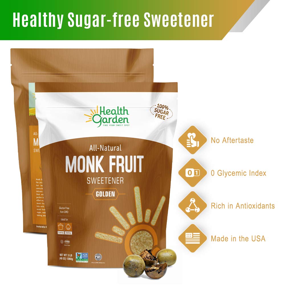 Health Garden Monk Fruit Sweetener, Golden- Non Gmo - Gluten Free - Sugar Substitute - Kosher - Keto Friendly (3 Lbs)
