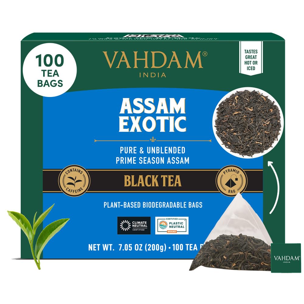 VAHDAM Assam Black Tea Bags - High Caffeine, Gluten-Free, Whole Loose-Leaf, 100 Count Resealable Ziplock Pouch