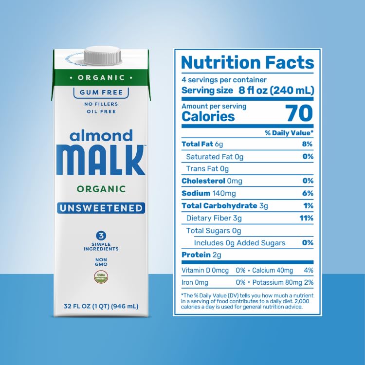 Malk Organic Unsweetened Almond Milk - 32 Fl Oz - 6 Pack - Non Gmo, Whole 30 Approved, Dairy Free, Vegan, Plant Based