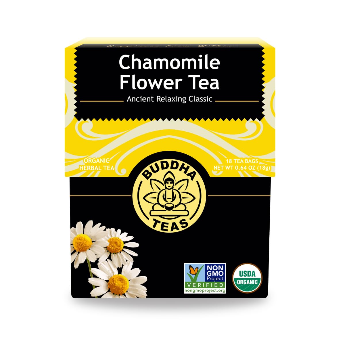 Buddha Teas Organic Chamomile Flower Tea - Caffeine Free - 18 Tea Bags - OU Kosher & Non-GMO - Herbal Tea for Health & Wellbeing