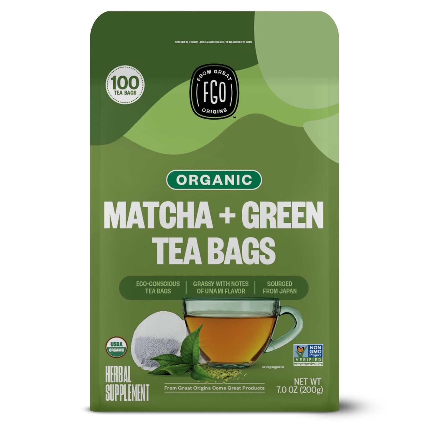 FGO Organic Japanese Matcha & Green Tea - Eco-Conscious Tea Bags, 100 Count (Pack of 1)