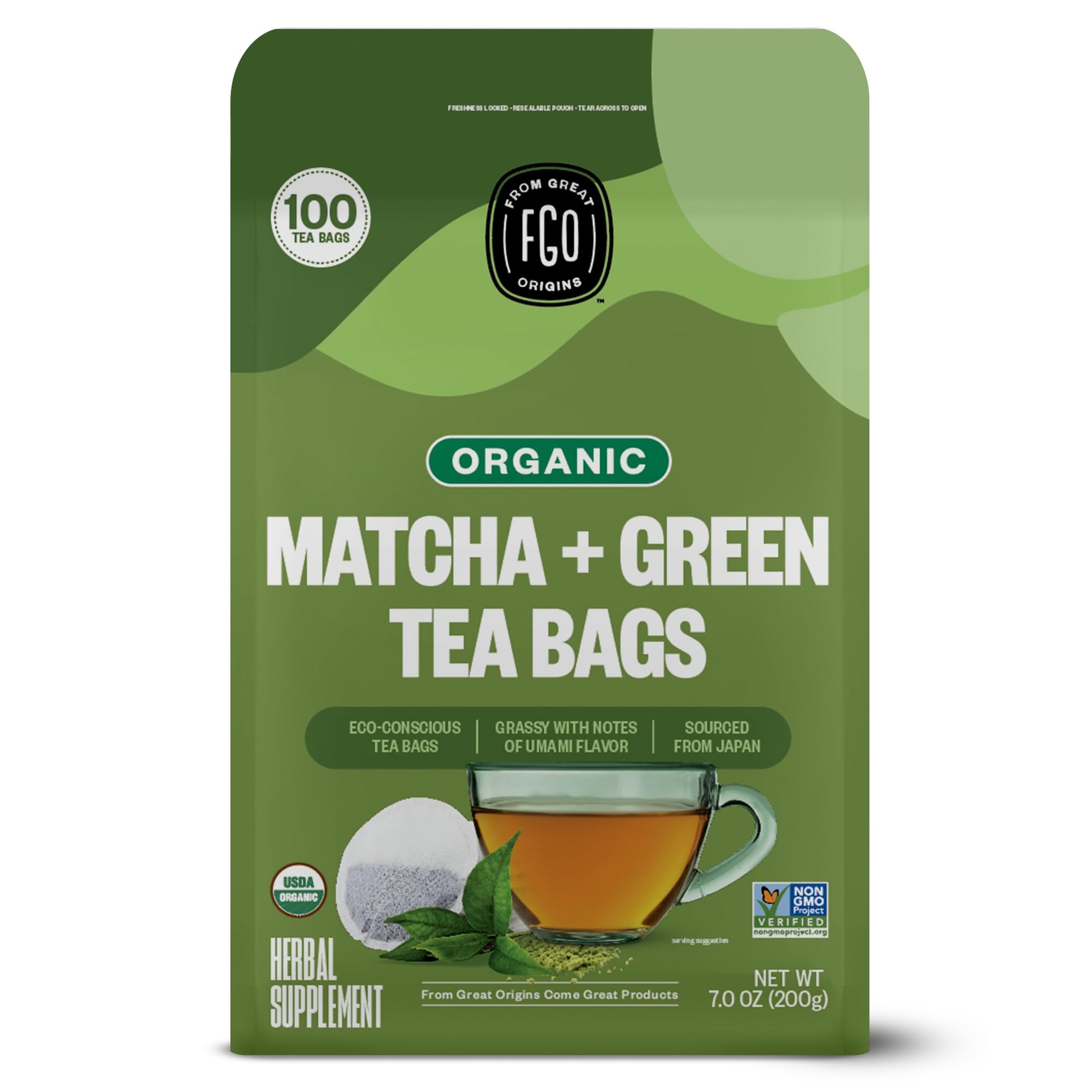 FGO Organic Japanese Matcha & Green Tea - Eco-Conscious Tea Bags, 100 Count (Pack of 1)