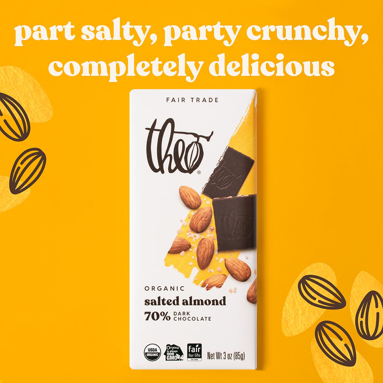 Theo Chocolate Salted Almond Organic Dark Chocolate Bar, 70% Cacao, 12 Pack | Vegan, Fair Trade