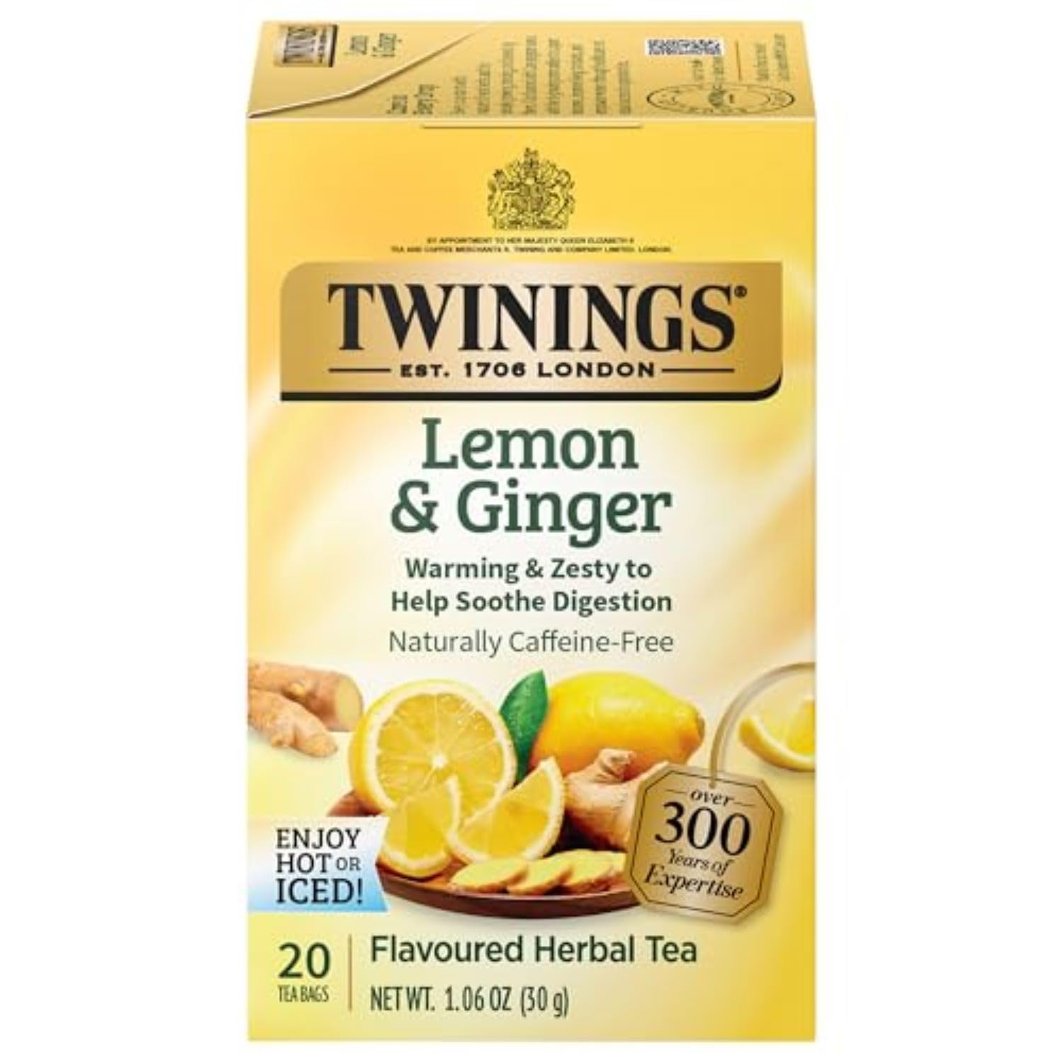 Twinings Lemon & Ginger Herbal Tea Bags, Caffeine Free, 20 Count (Pack of 6), Model 05309