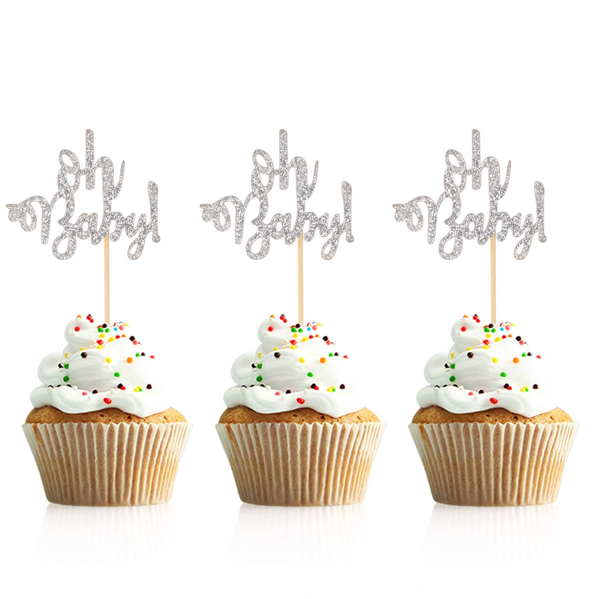 Donoter 48 Pcs Silver Glitter Oh Baby Cupcake Topper Picks For Baby Shower Party Cake Decorations
