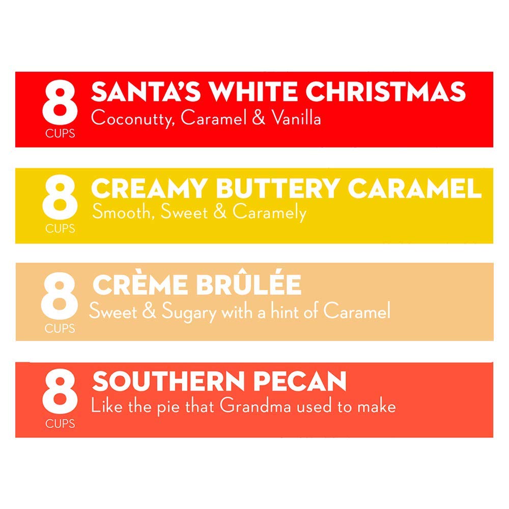Barnies Coffee Pods With Santas White Christmas, Southern Pecan, Creamy Buttery Caramel, And Cool Cafe Blues, Assorted Variety Pack, 32 Count