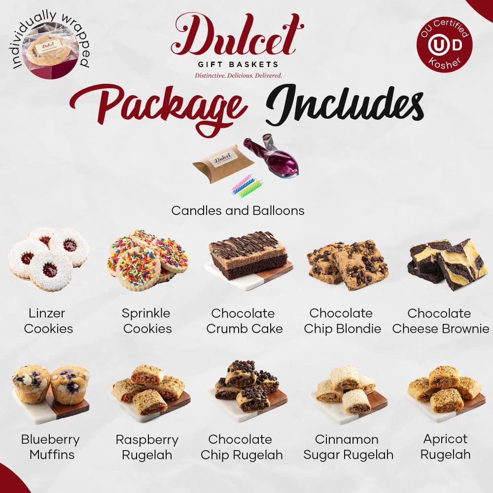 Dulcet Gift Baskets Happy Birthday Sampler Red Wicker Basket Featuring Muffins Sprinkle Cookies, Candle, Balloons And More. Gift Box For Women, Kids, Friends, Family, Him, Her, Girls & Boys