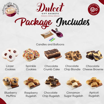 Dulcet Gift Baskets Happy Birthday Sampler Red Wicker Basket Featuring Muffins Sprinkle Cookies, Candle, Balloons And More. Gift Box For Women, Kids, Friends, Family, Him, Her, Girls & Boys