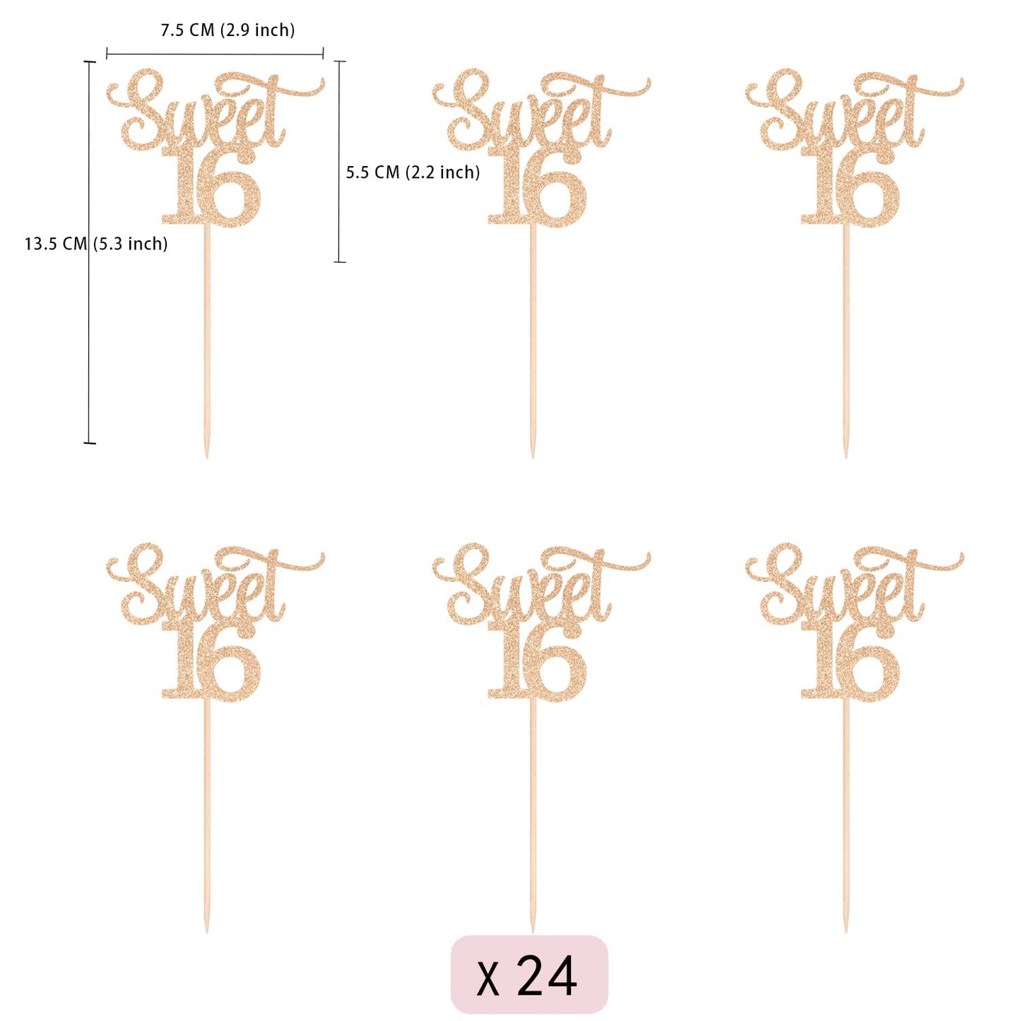 24 Pcs Rose Gold Glitter Double-Sided Sweet 16 Cupcake Toppers, Sixteen Cupcake Picks, 16Th Birthday Anniversary Party Cake Deco