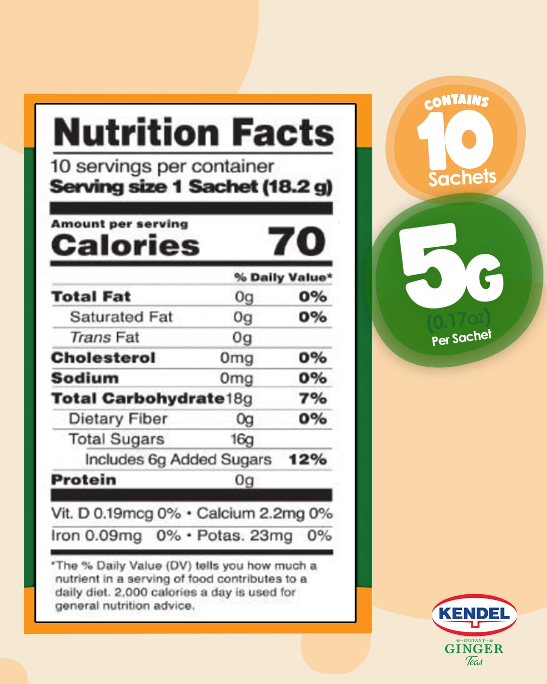 Kendel Instant Ginger Honey Tea, Caffeine Free, 10 Sachets, Non-GMO, 0.64 Ounce