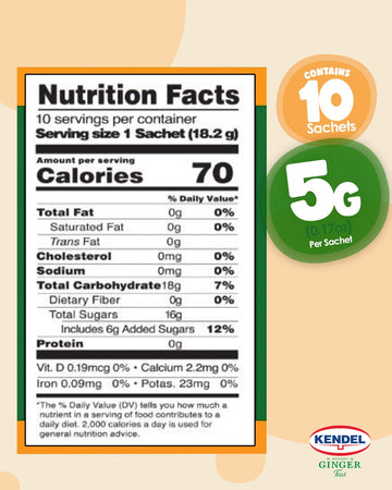 Kendel Instant Ginger Honey Tea, Caffeine Free, 10 Sachets, Non-GMO, 0.64 Ounce