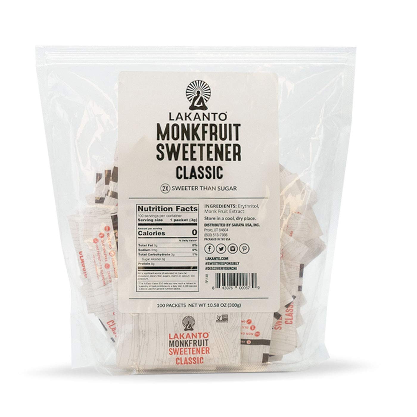 Lakanto Classic Monk Fruit Sweetener With Erythritol Packets - White Sugar Replacement, Zero Net Carbs, Zero Calorie, Sweeten On
